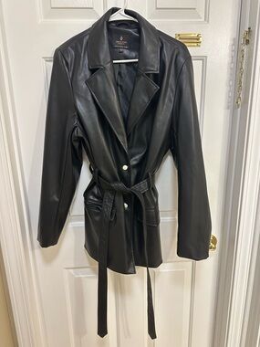 Black Faux Leather Belted Blazer Jacket